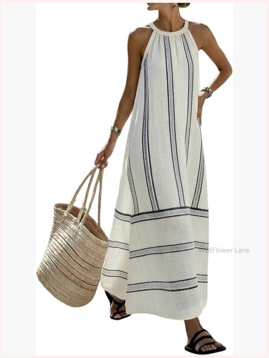 Dresses & Skirts - Striped Halter Maxi Dress Sleeveless A-Line Flowy Summer Casual Long Sundress